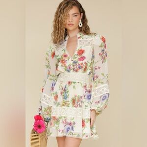Avec Les Filles Floral Lace Detail Long Sleeve Minidress